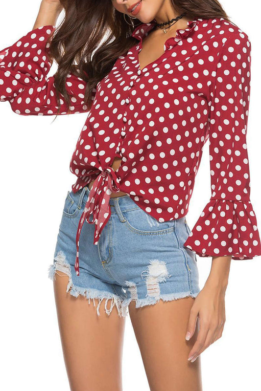 Iyasson Polka Dot Printing Bell-Sleeve V-neck Blouse