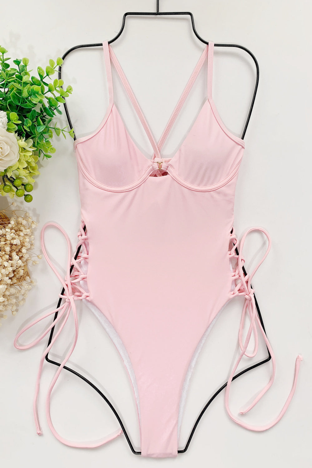 Women Lace Up Stripe One-piece Swimsuit