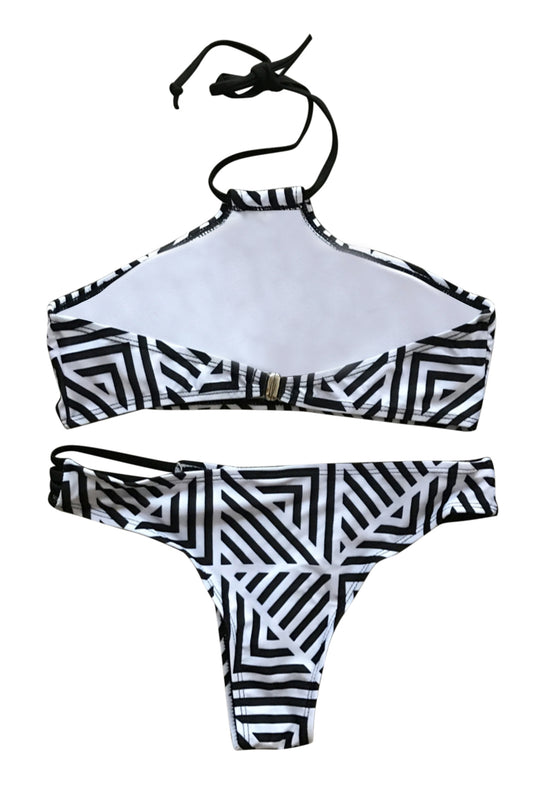 Iyasson Blue Geometric Pattern High-neck Bikini Set