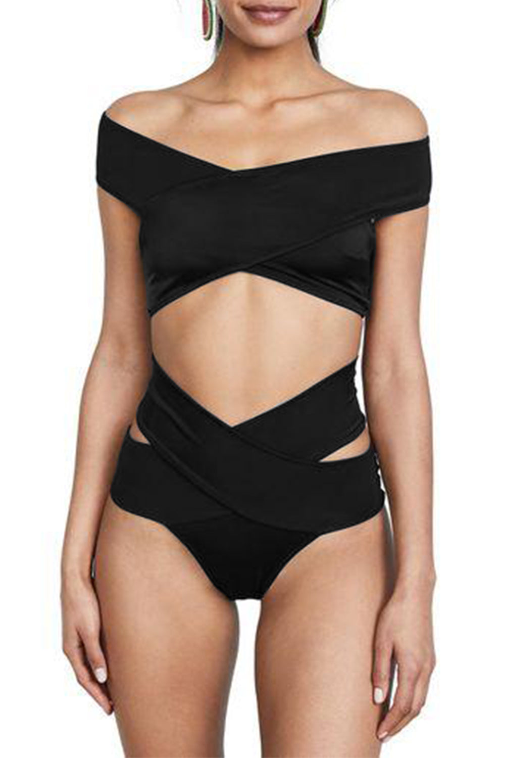 Iyasson Black Off-shoulder High-waisted Fit Bikini