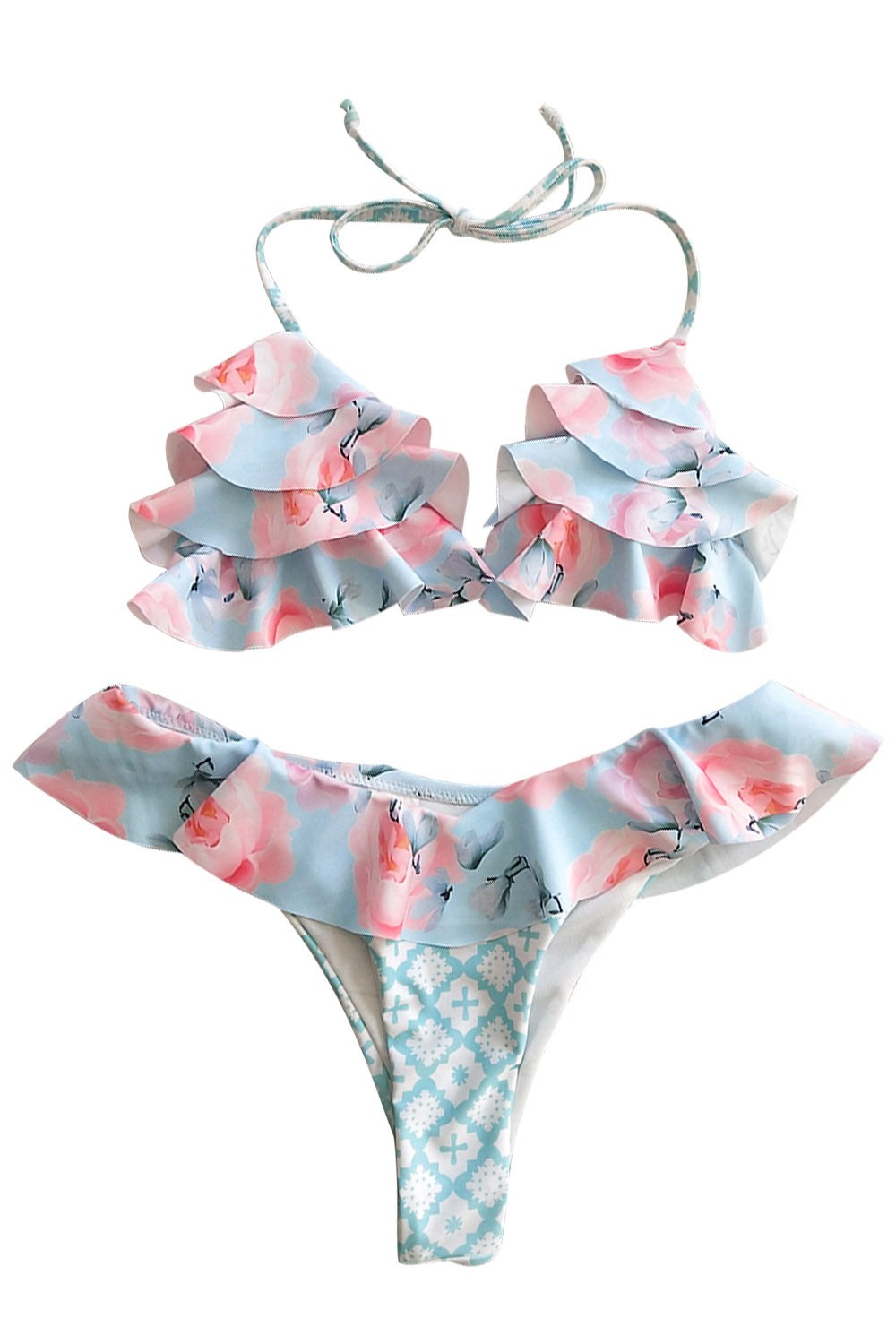 Iyasson Colorful Ruffled Halter-neck Bikini Set
