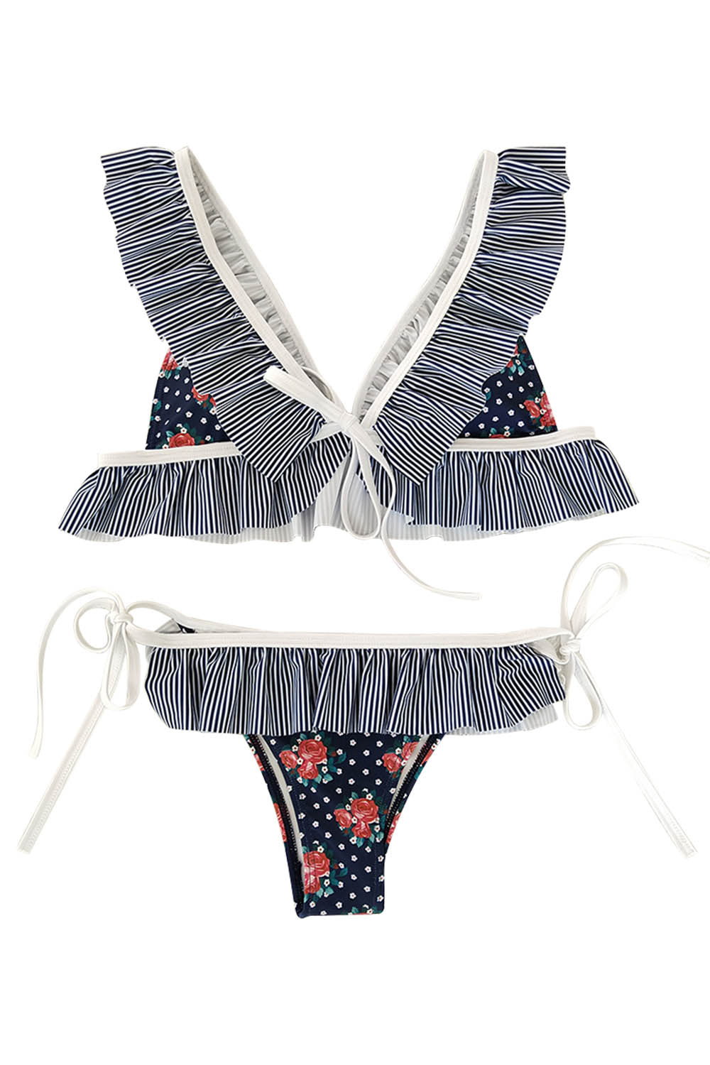 Iyasson Cute Ruffled Trim Adjustable Tied Bikini Set
