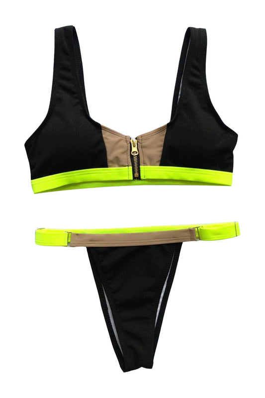 Iyasson Color Block Zip Bikini Swimsuit