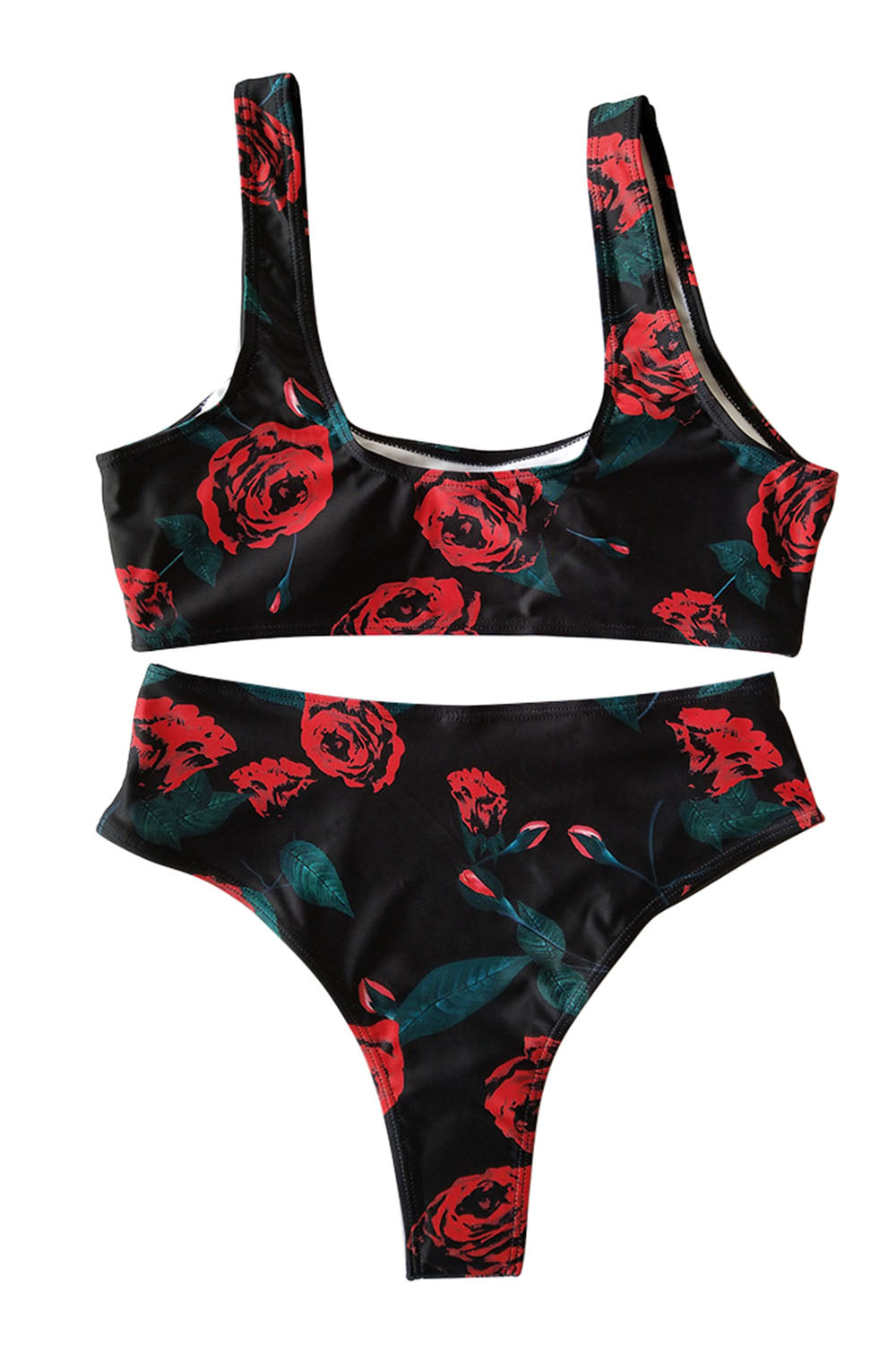 Iyasson Black High Waist Two-piece Rose Bikini Set