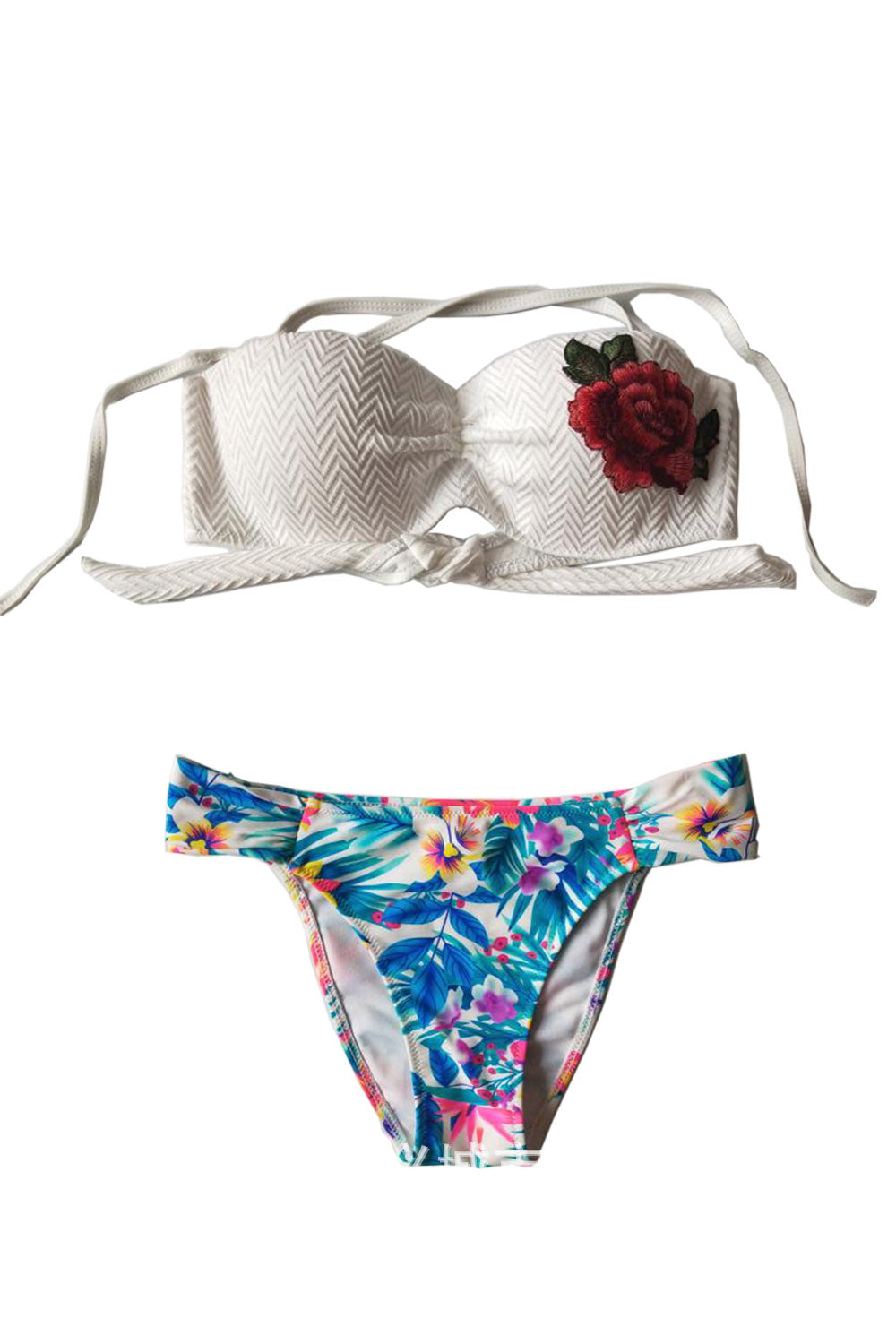 Iyasson Halter Neck Rose Embroidered Two-piece Bikini Set