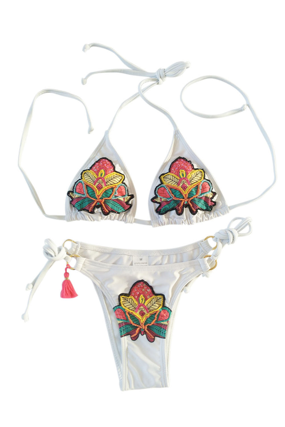 Iyasson Halter Neck Boho Floral Applique Two-piece Bikini Set