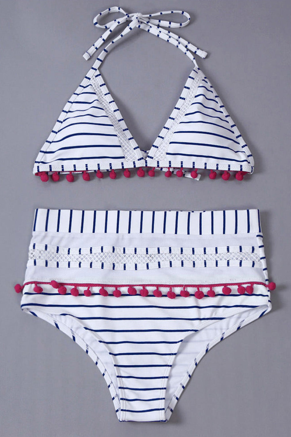 Iyasson Womens High Waist Two Pieces Bikini Set Padded Stripe Tassel Swimsuit