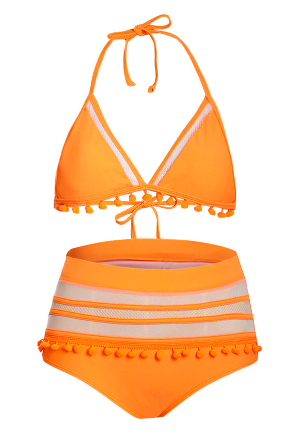Iyasson Women's High Waist Two Pieces Bikini Set Padded Stripe Tassel Swimsuit