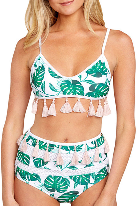 Iyasson Womens High Waist Two Pieces Bikini Set Padded Stripe Tassel Swimsuit