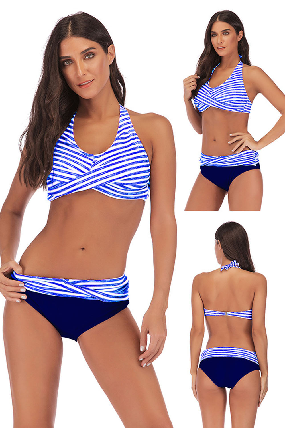 Iyasson Womens Low Waist Padded Striped Cross Swimsuit