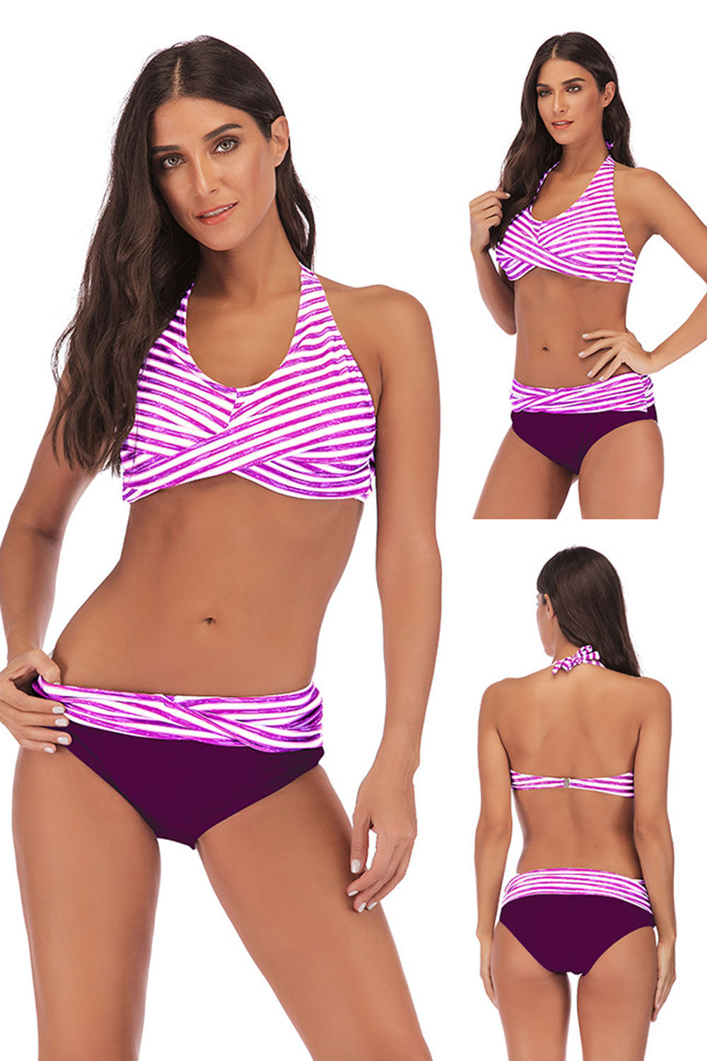 Iyasson Womens Low Waist Padded Striped Cross Swimsuit