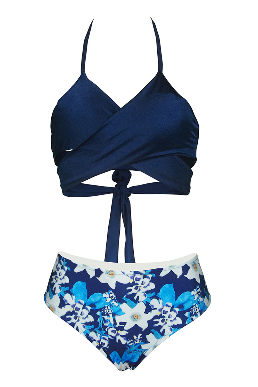 Iyasson  Cross Blue Floral Printing Bikini Set