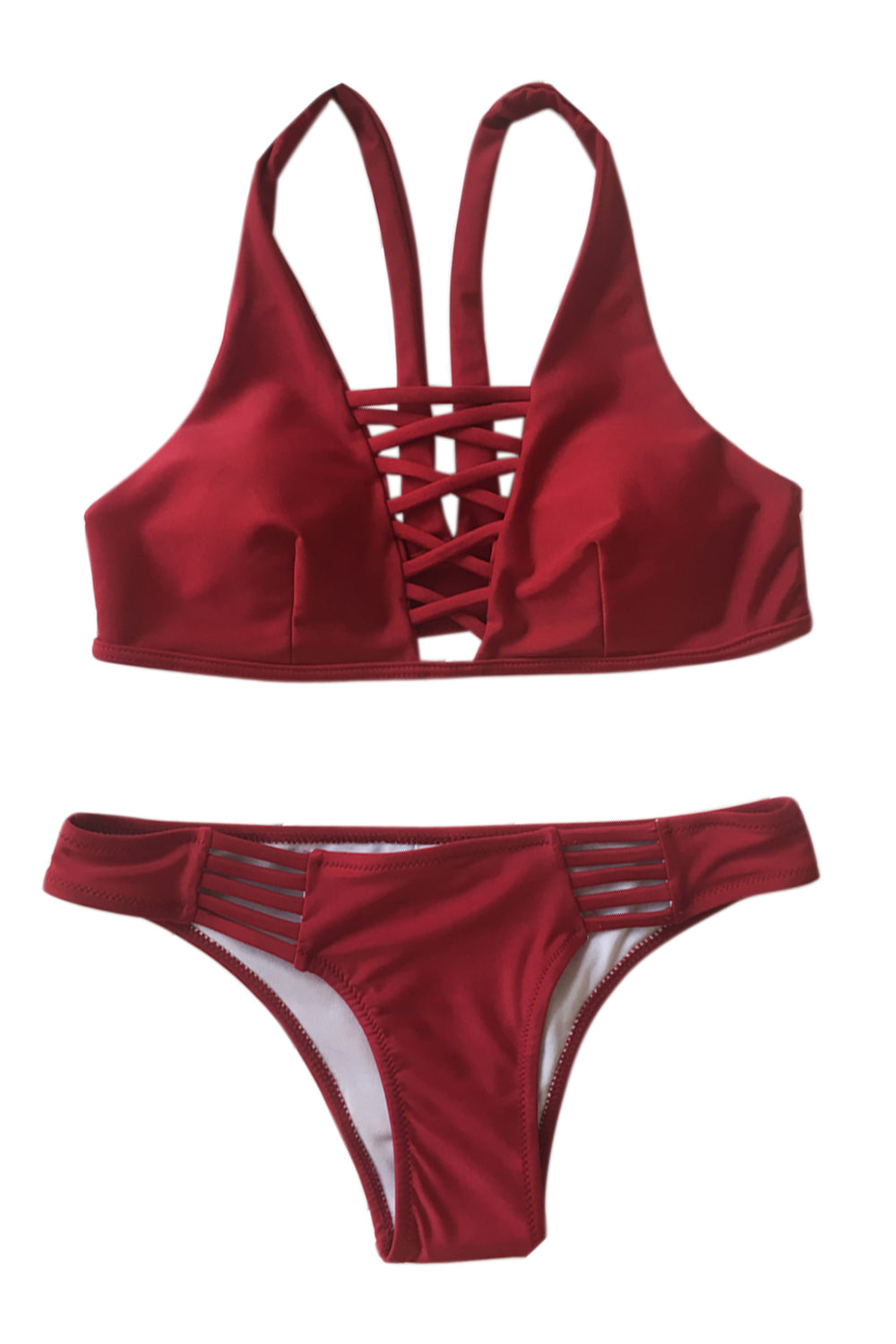 Iyasson Red Solid Color Sexy Front Cross Bikini Set