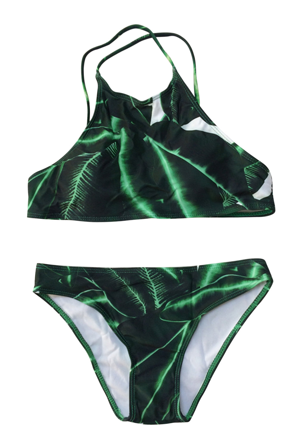Iyasson Leaves printing Backless Halter Bikini Set