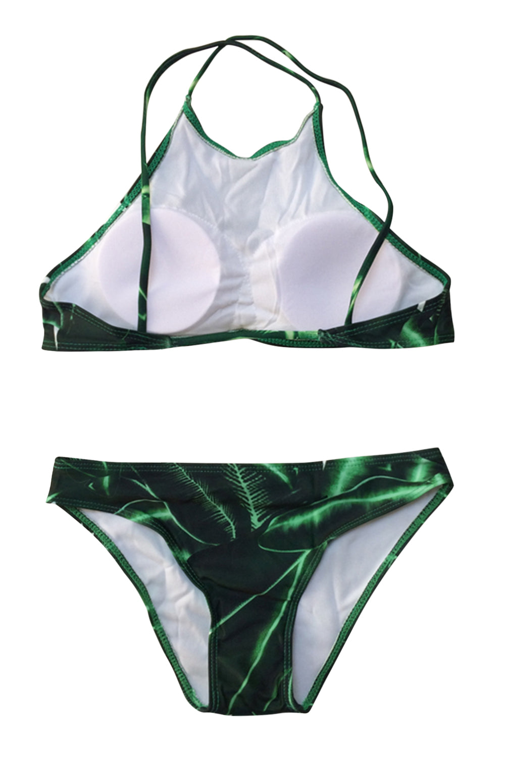 Iyasson Leaves printing Backless Halter Bikini Set