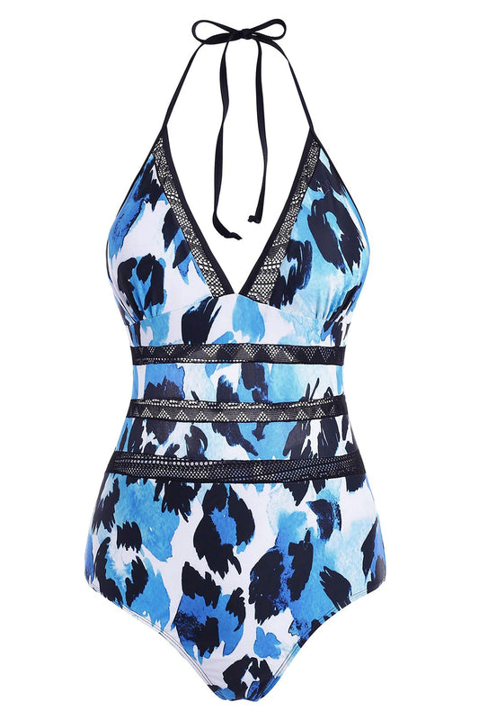Leopard Backless Crochet Panel One-piece Halter Swimsuit