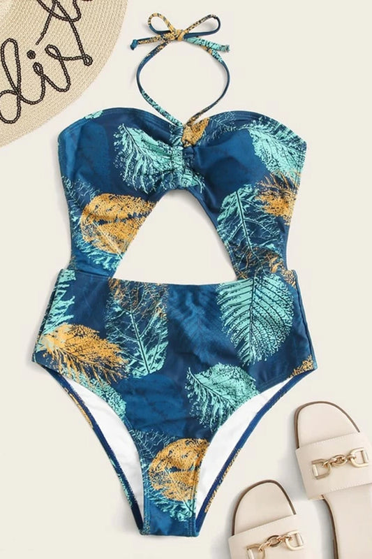 Leaf Print Halter One Piece Swimsuit