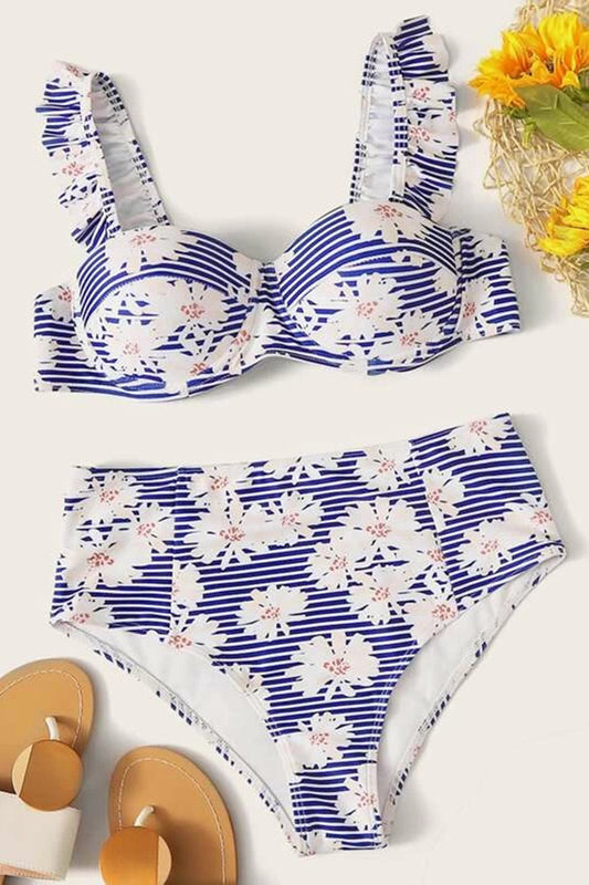 Random Floral & Striped Print Ruffle Trim Underwire Bikini Swimsuit