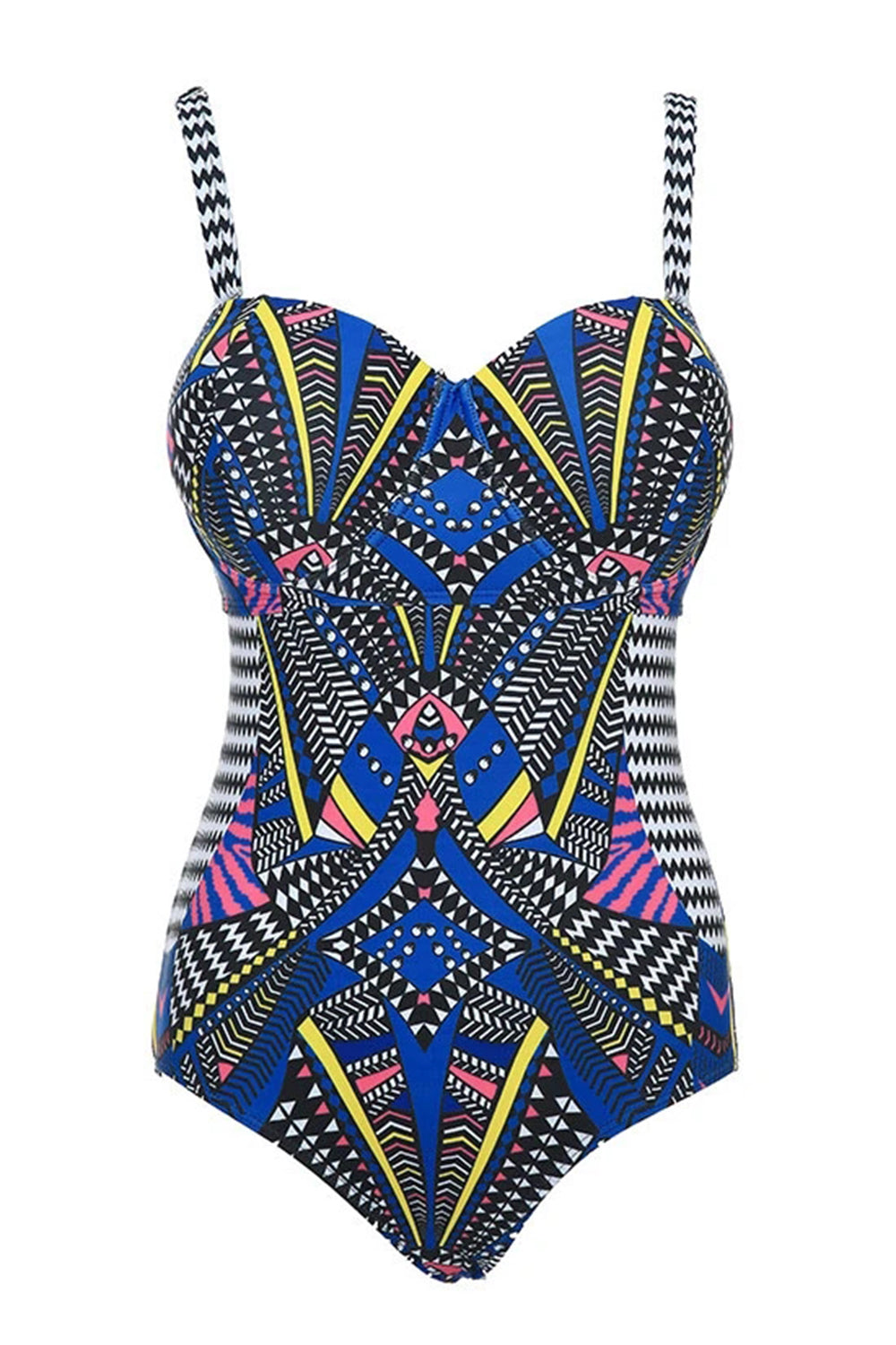 PLUS SIZE ETHNIC PRINTED UNDERWIRED BANDEAU ONE PIECE SWIMSUIT