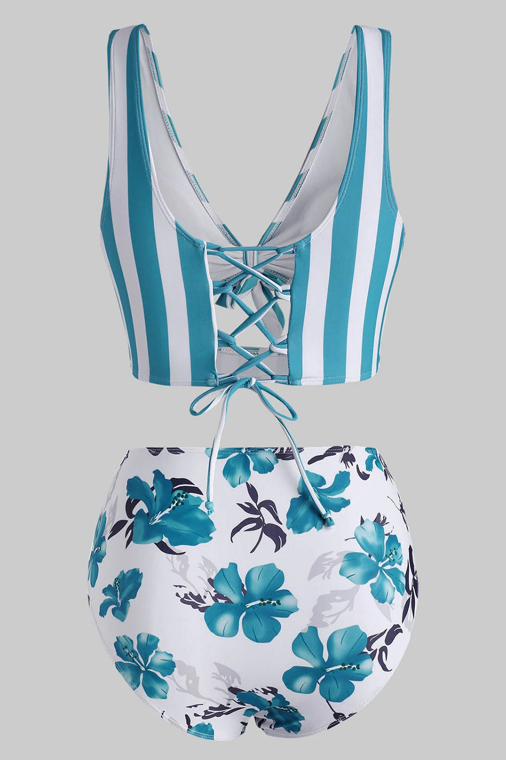 Striped Floral Cutout Lace-up Tankini Swimwear