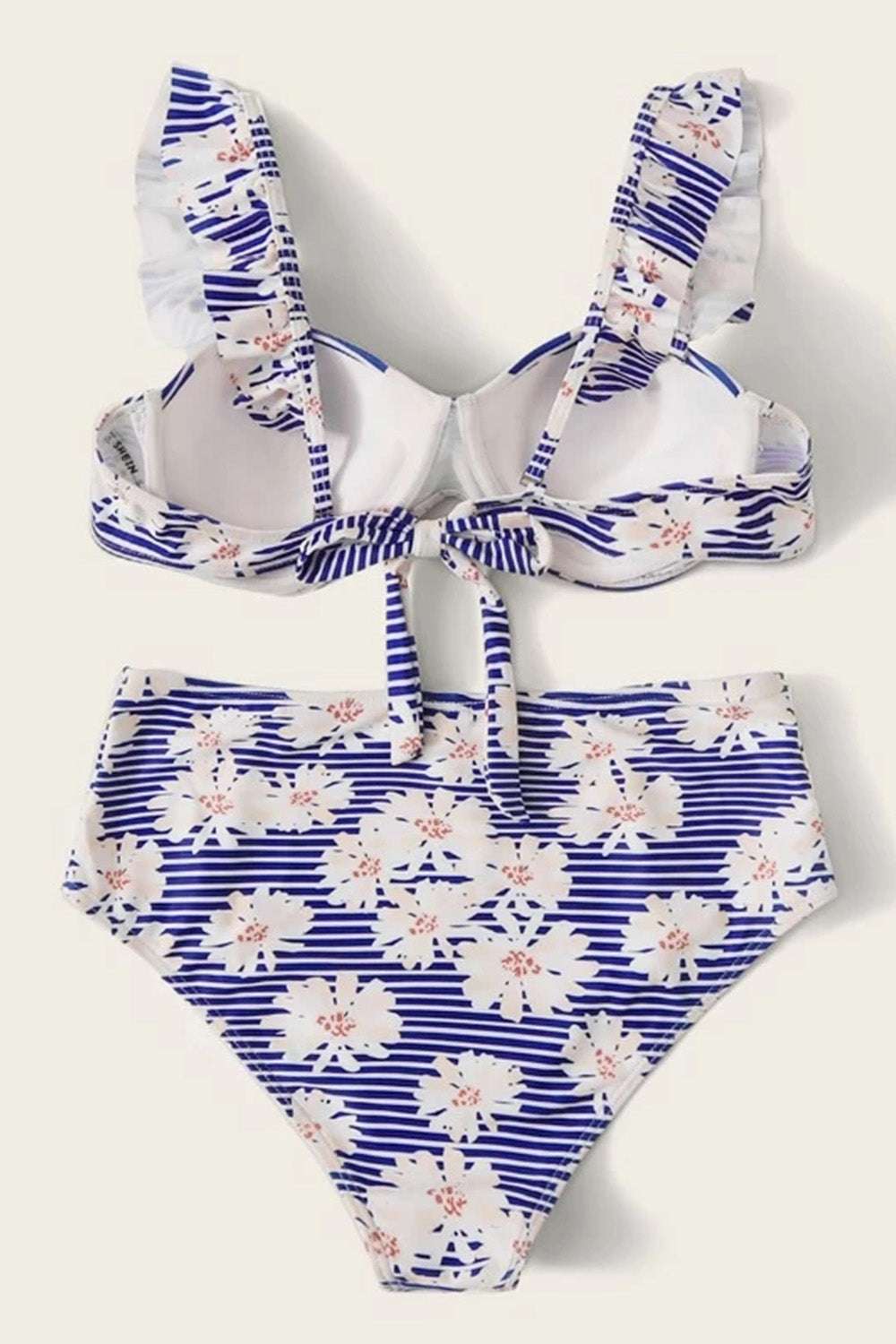 Random Floral & Striped Print Ruffle Trim Underwire Bikini Swimsuit