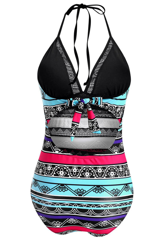 Striped Print Knot Crochet Panel One-piece Swimsuit