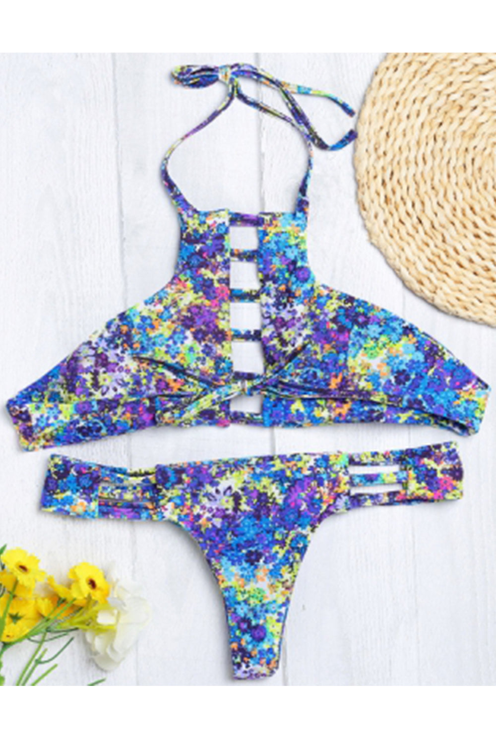 Halter Neck Backless Cut Out Print Tied Low Waist Women Bikini Set