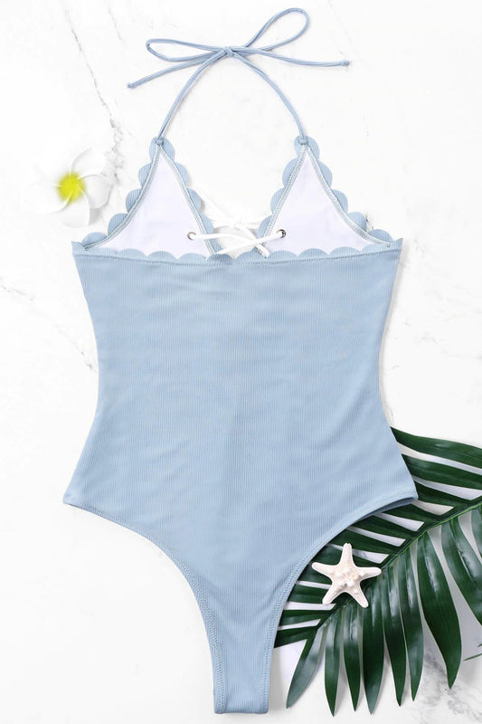 Scalloped One Piece Halter High Cut Swimwear