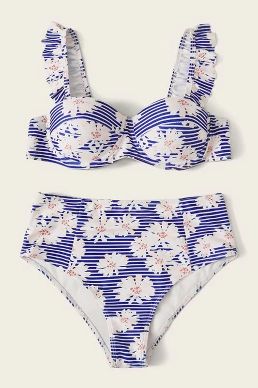 Random Floral & Striped Print Ruffle Trim Underwire Bikini Swimsuit