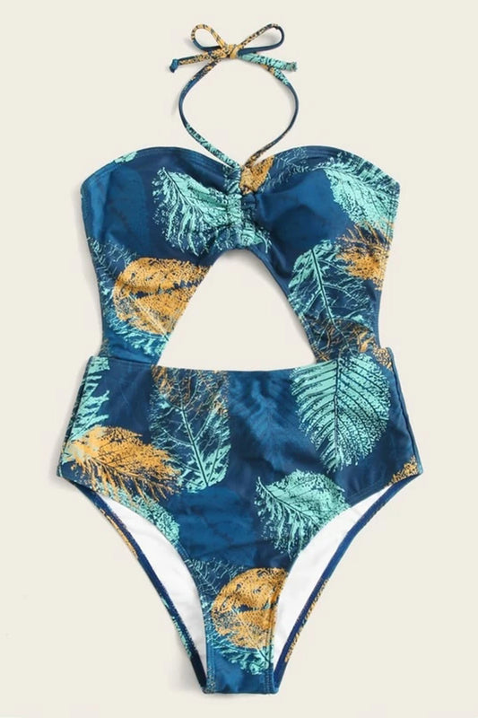 Leaf Print Halter One Piece Swimsuit
