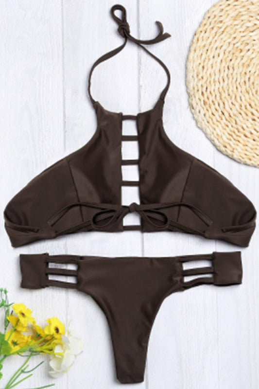 Halter Neck Backless Cut Out Tied Strap Low Waist Women Bikini Set