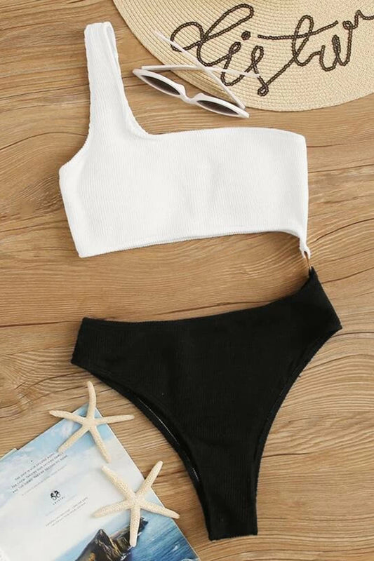 Rib Two Tone Cut-out One Piece Swimsuit