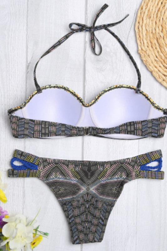 Halter Neck Strapless Padded Underwire Print Low Waist Women Bikini Set