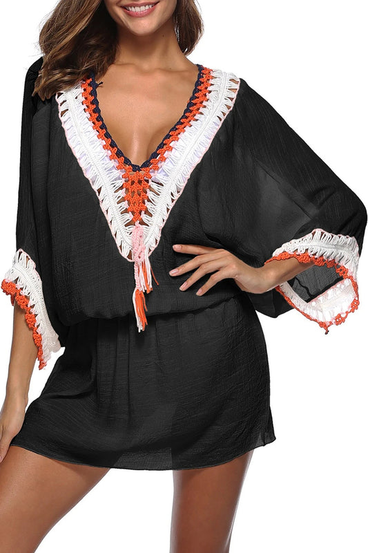 Crochet Panel Blouson Cover-up