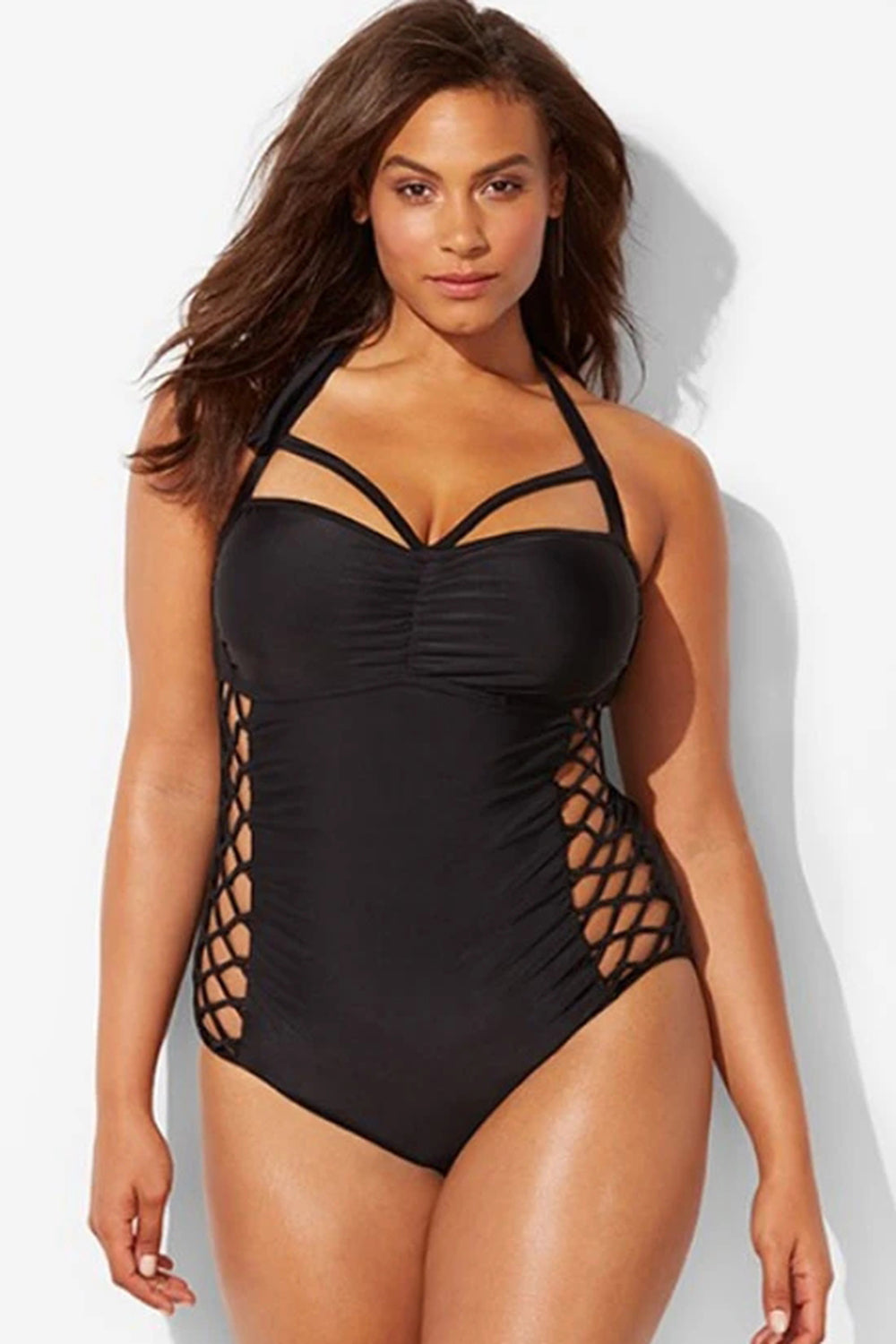 PLUS SIZE CRISSCROSS STRAPPY RUCHED ONE PIECE SWIMSUIT