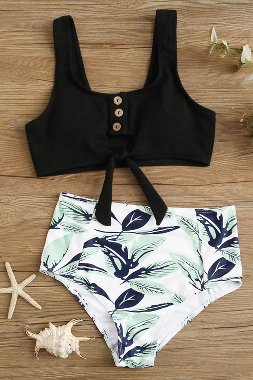 Plant Print Rib Knot Front High Waisted Bikini