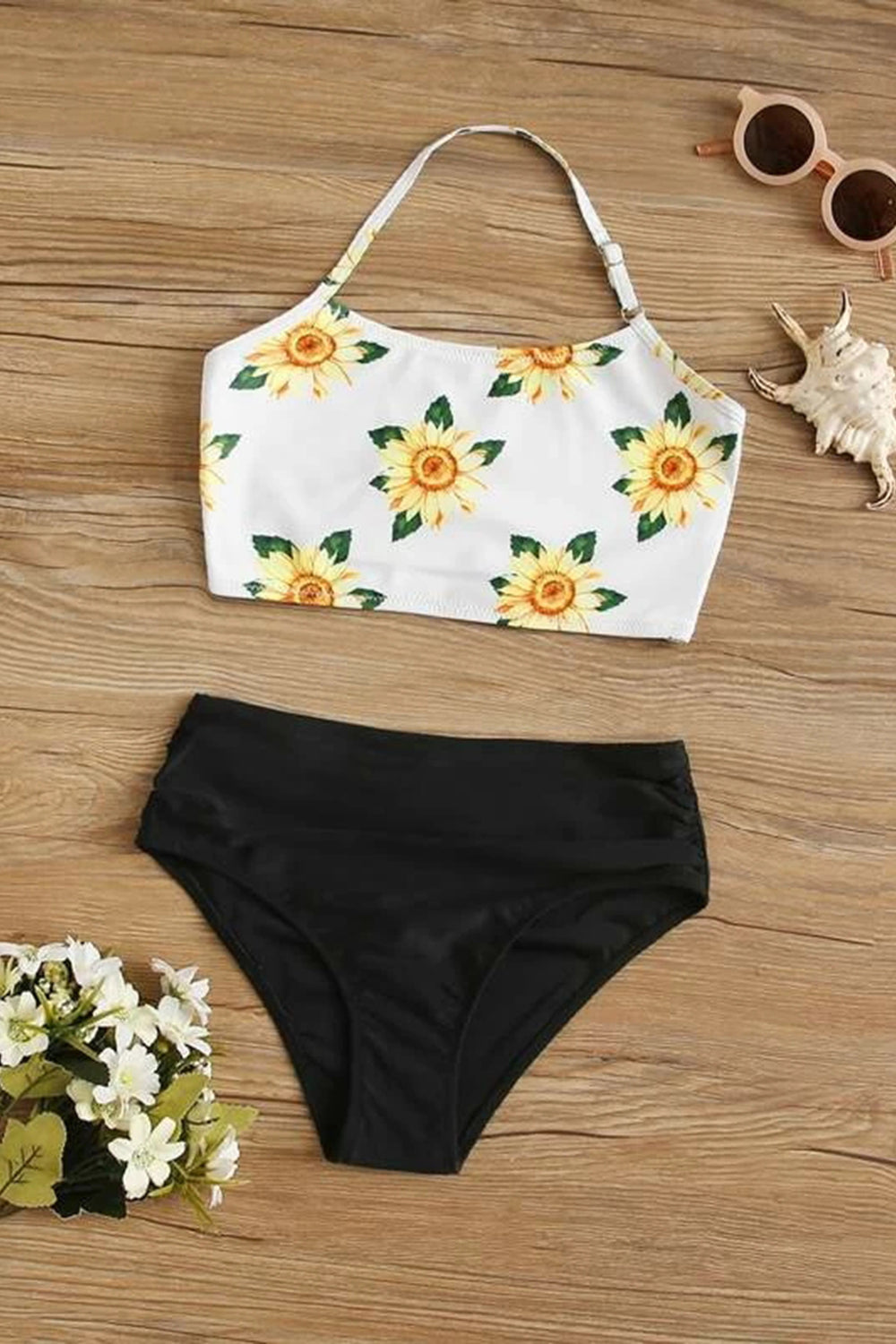 Girls Sunflower Print Halter Bikini