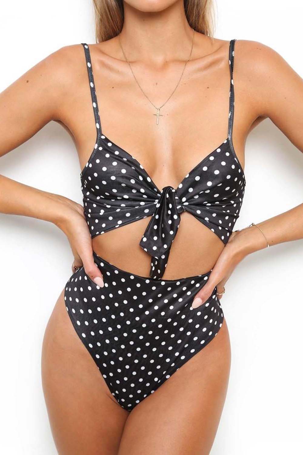 Floral print polka dot high waist one piece swimsuit