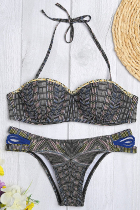 Halter Neck Strapless Padded Underwire Print Low Waist Women Bikini Set