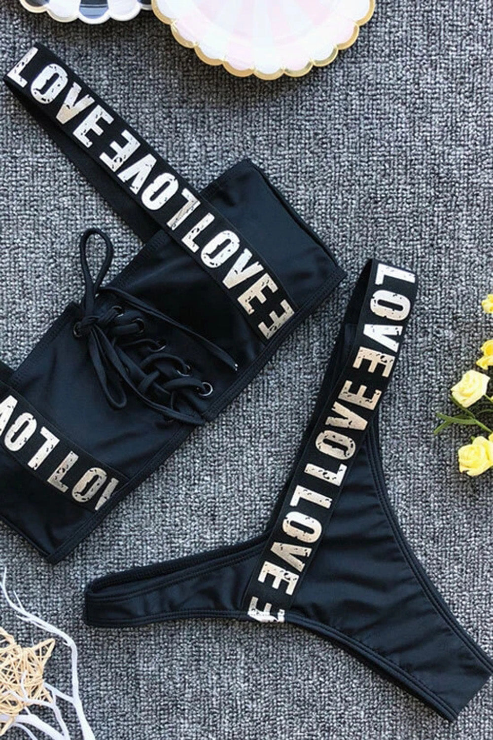 HIGH LEG METALLIC LETTER STRAP LACE UP BIKINI SWIMSUIT