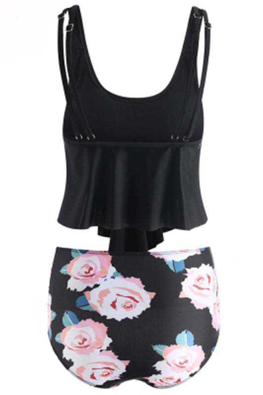 Floral Print Black U Neck Sexy Tummy Control Tankini Set