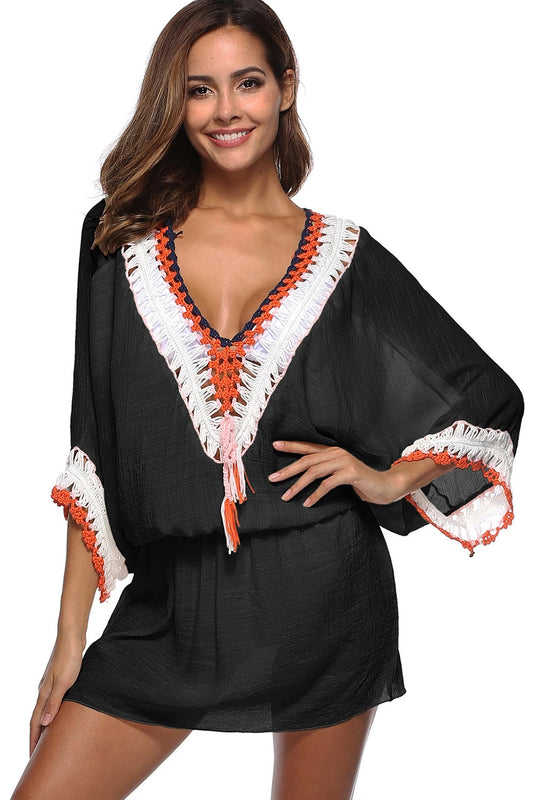 Crochet Panel Blouson Cover-up