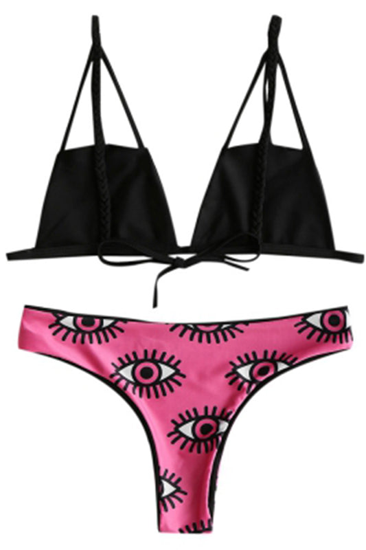 Eye Print Caged Strappy Thong Bikini