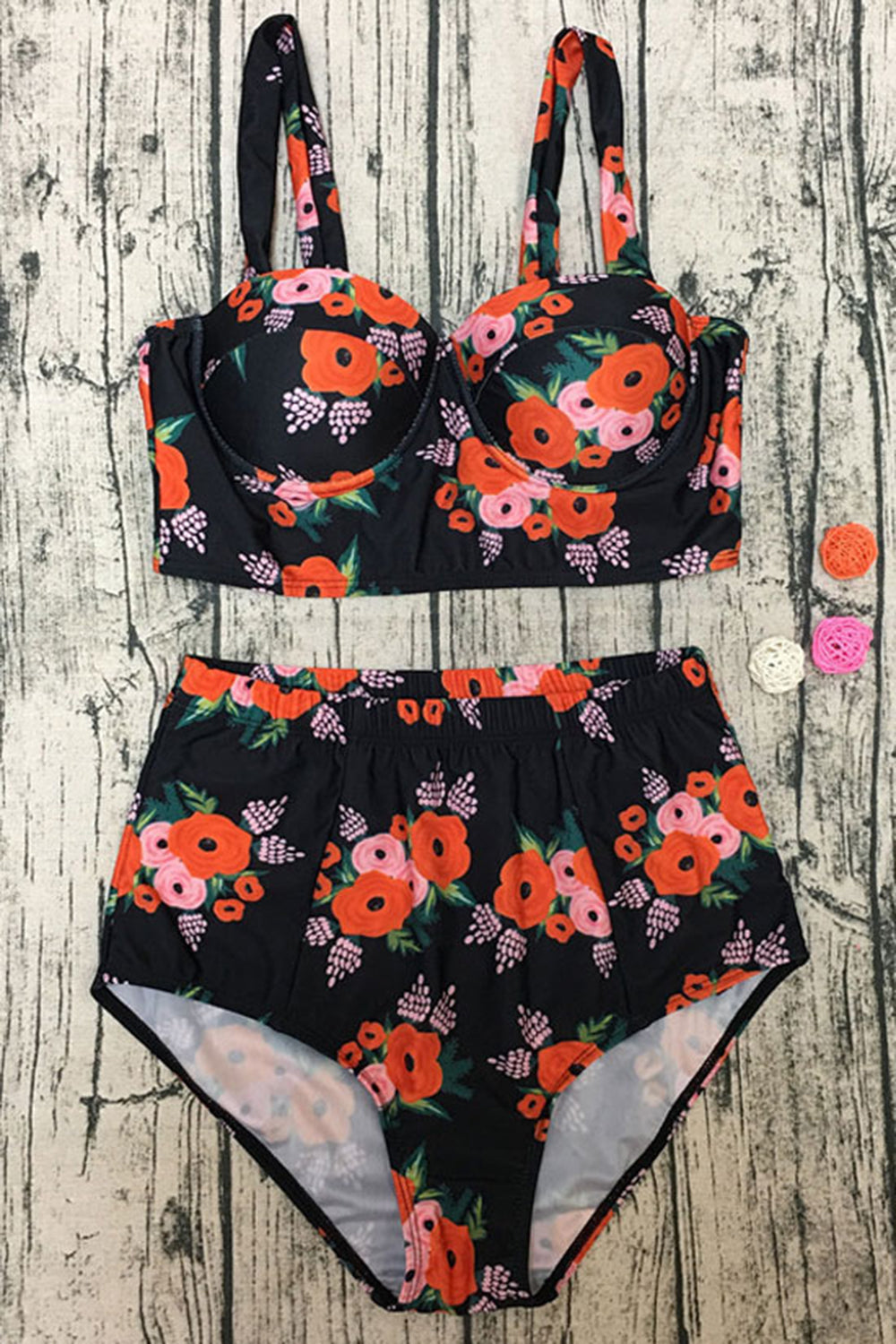 HIGH WAIST FLORAL PRINTED UNDERWIRE CROP BIKINI SWIMSUIT