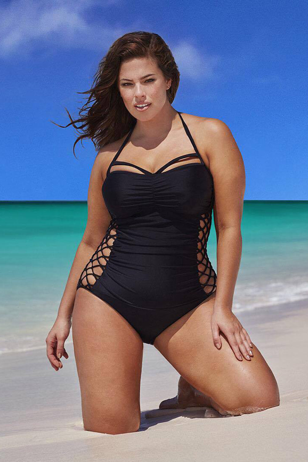 PLUS SIZE CRISSCROSS STRAPPY RUCHED ONE PIECE SWIMSUIT