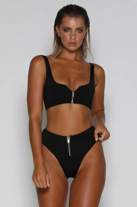 HIGH CUT HIGH WAIST ZIPPER CROP BIKINI SWIMSUIT