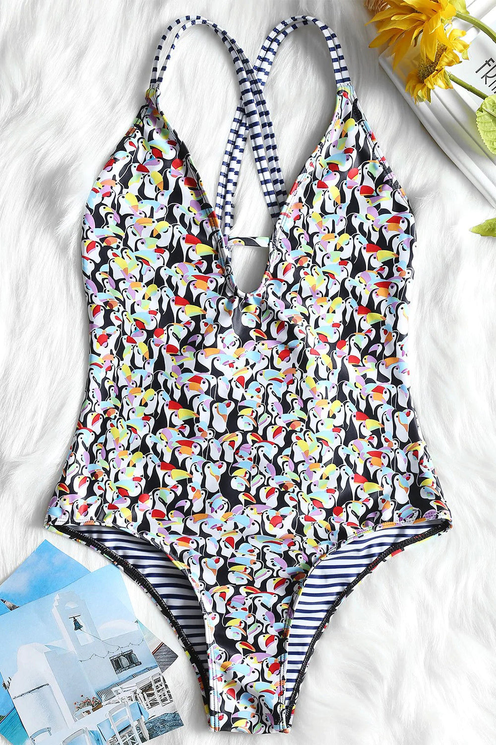 Penguin Print Deep V One-piece Swimsuit