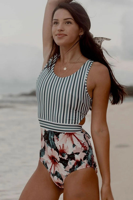 STRIPED BLOOMING FLORAL TIE STRAPS BACK ONE PIECE SWIMSUIT