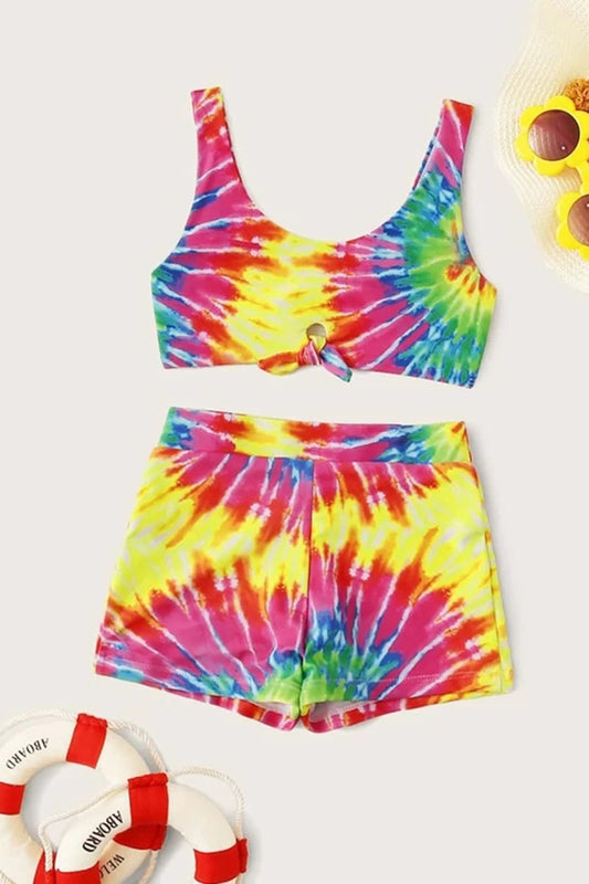 Girls Tie Dye Knot Front Top With Shorts Bikini Set