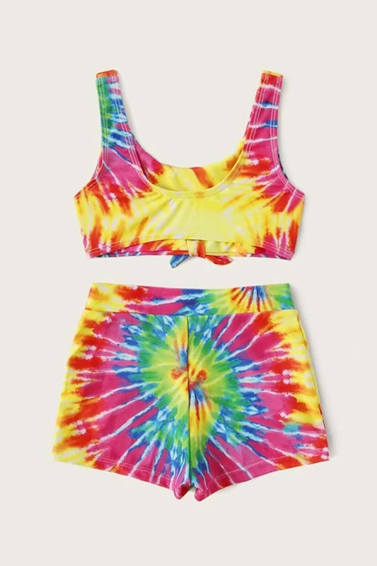 Girls Tie Dye Knot Front Top With Shorts Bikini Set